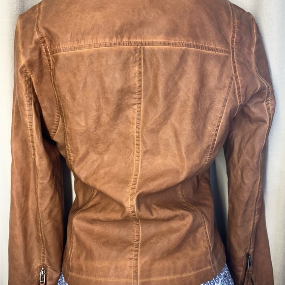 Max Studio Tan Leather Moto Jacket Fitted Silhouette - Picture 10 of 16
